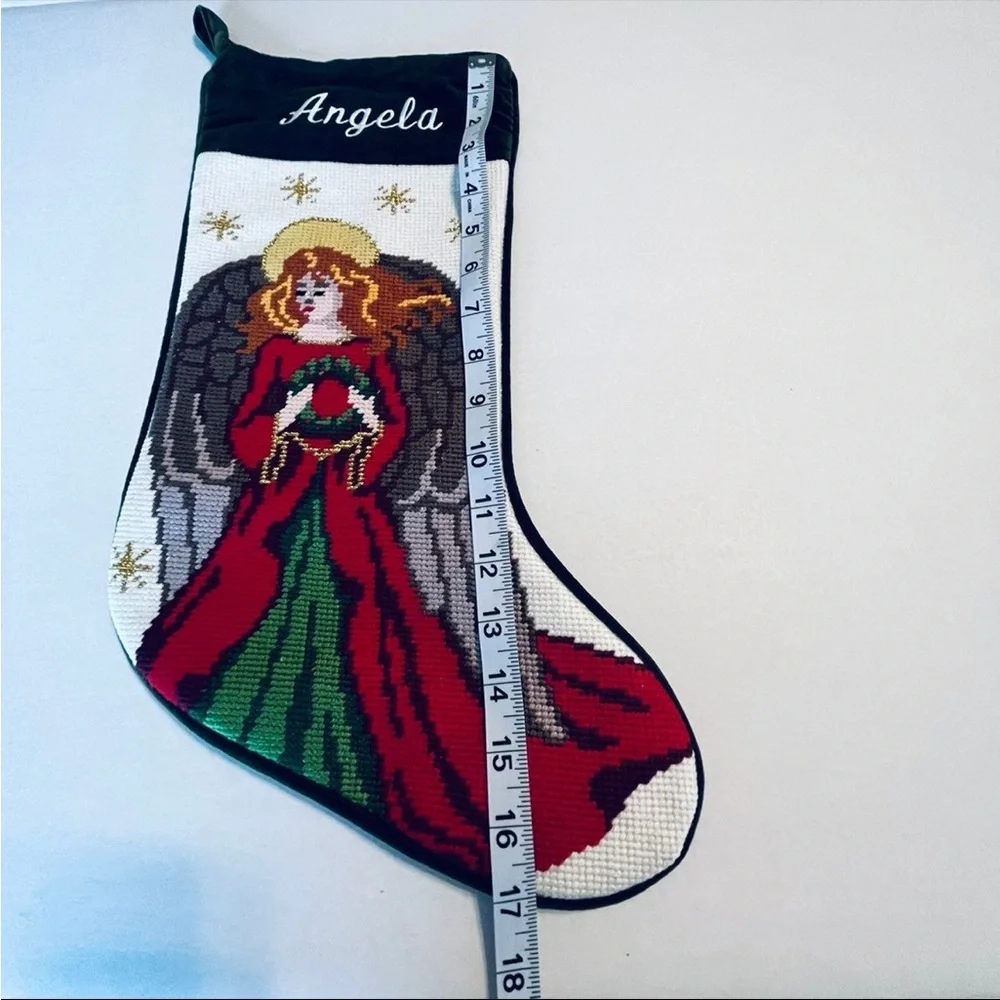 Personal Creations Angela Angel Needlepoint Christmas stocking Green white NEW‎